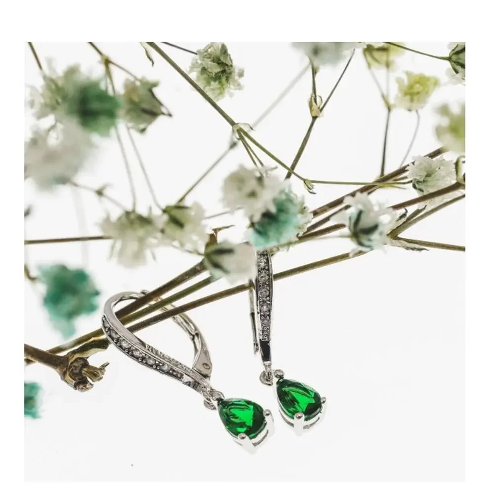 925 Sterling Silver Emerald & CZ Earrings